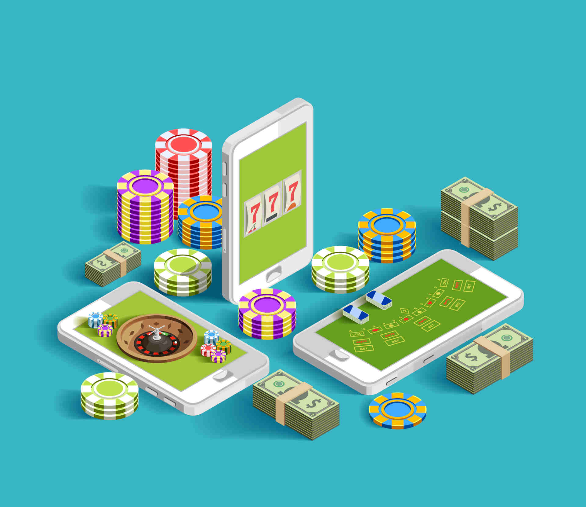 Casino isometric icons composition with chips bundles of banknotes and smartphone images with casino gaming apps vector illustration
