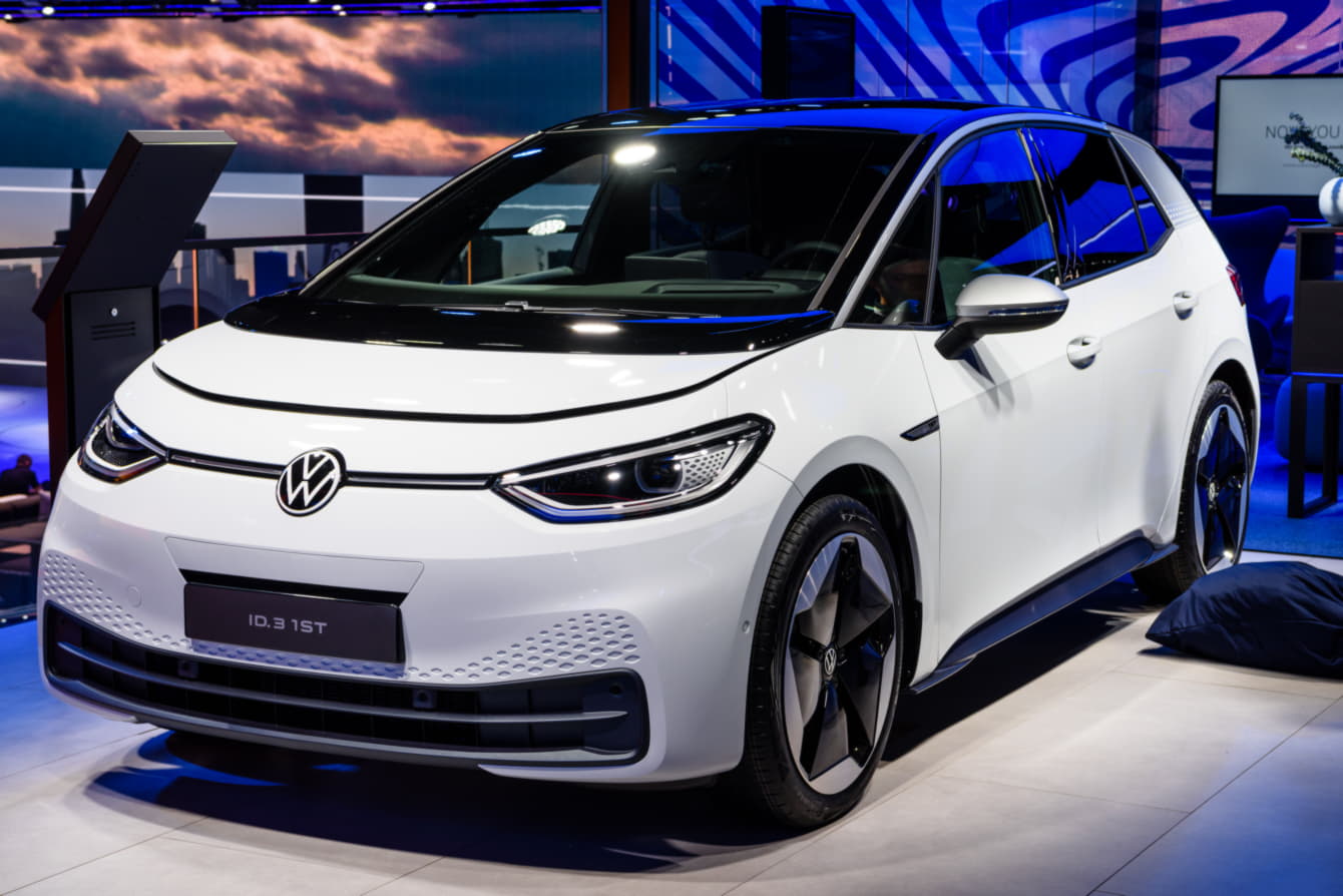 FRANKFURT, GERMANY - SEPT 2019: white VOLKSWAGEN VW I.D.3 first is a compact C-segment electric car based on the MEB platform, IAA International Motor Show Auto Exhibtion.