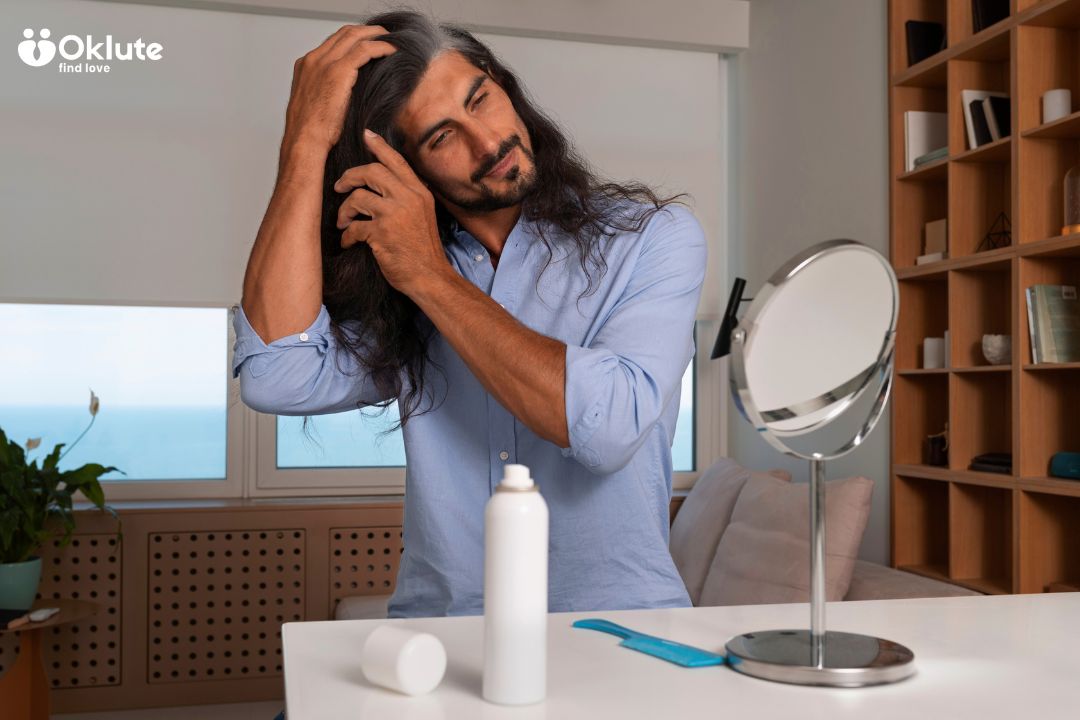 Homem com cabelo comprido a pentear-se em frente a um espelho, com produtos de cuidado com o cabelo em cima de uma mesa