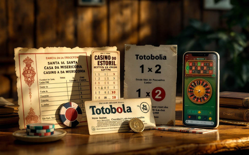 bilhete de lotaria, ficha de casino, boletim do Totobola, telemóvel e raspadinha