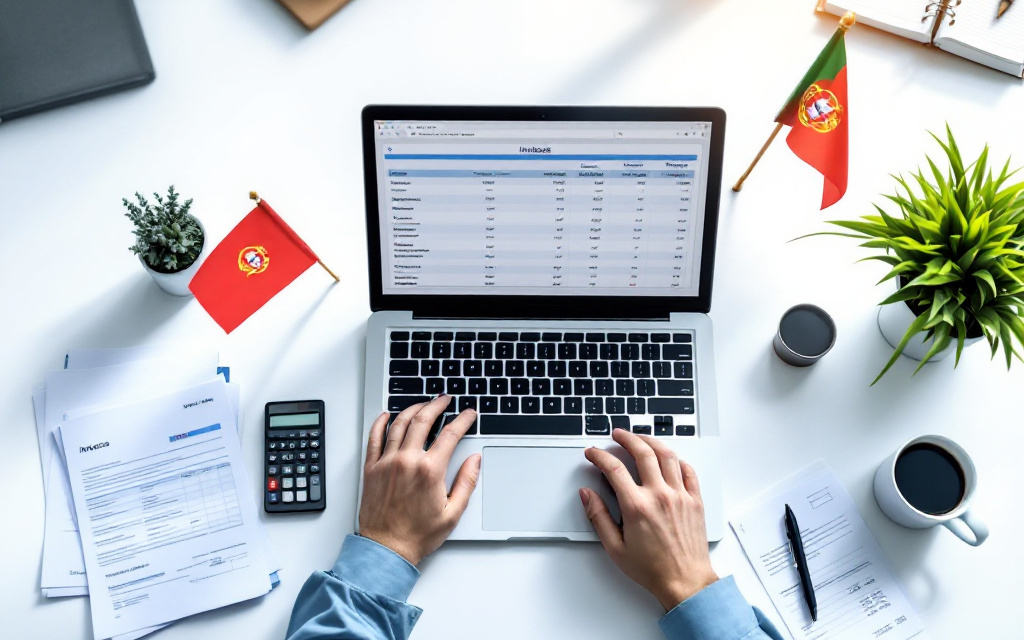 Comparação de 8 serviços de contabilidade online em Portugal, com portátil, calculadora e documentos contabilísticos em cima de uma secretária