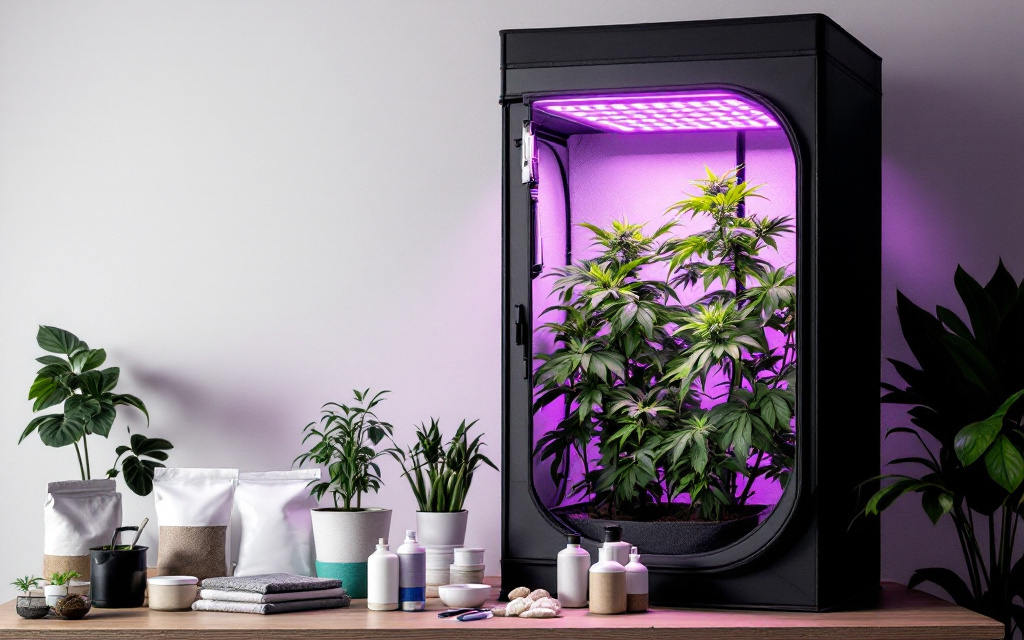 Grow shop online com sementes de canábis, armário de cultivo indoor, sistema de iluminação LED e frascos de fertilizantes dispostos numa secretária.